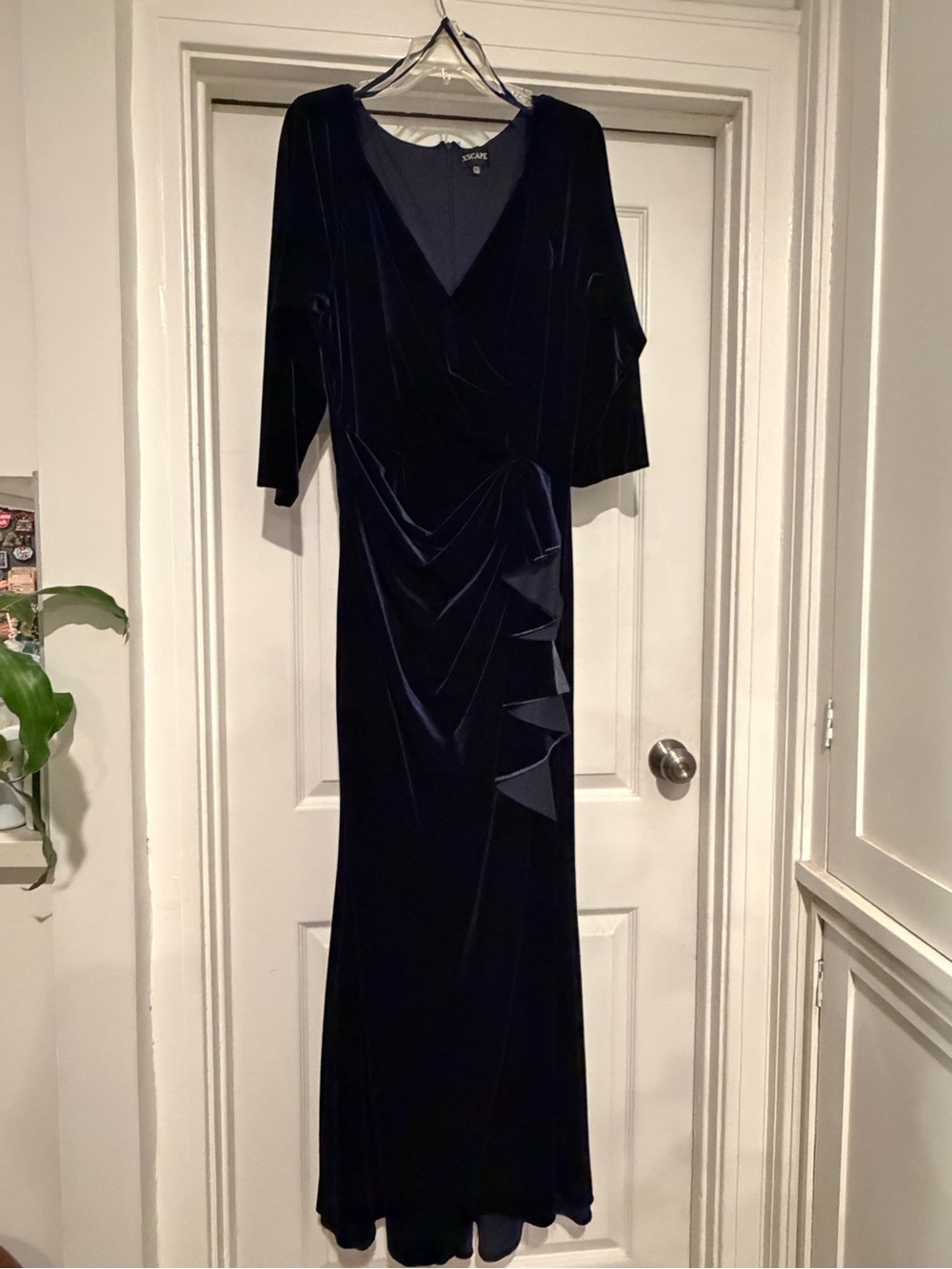 Adrianna Papell Navy Velvet Draped Evening Gown